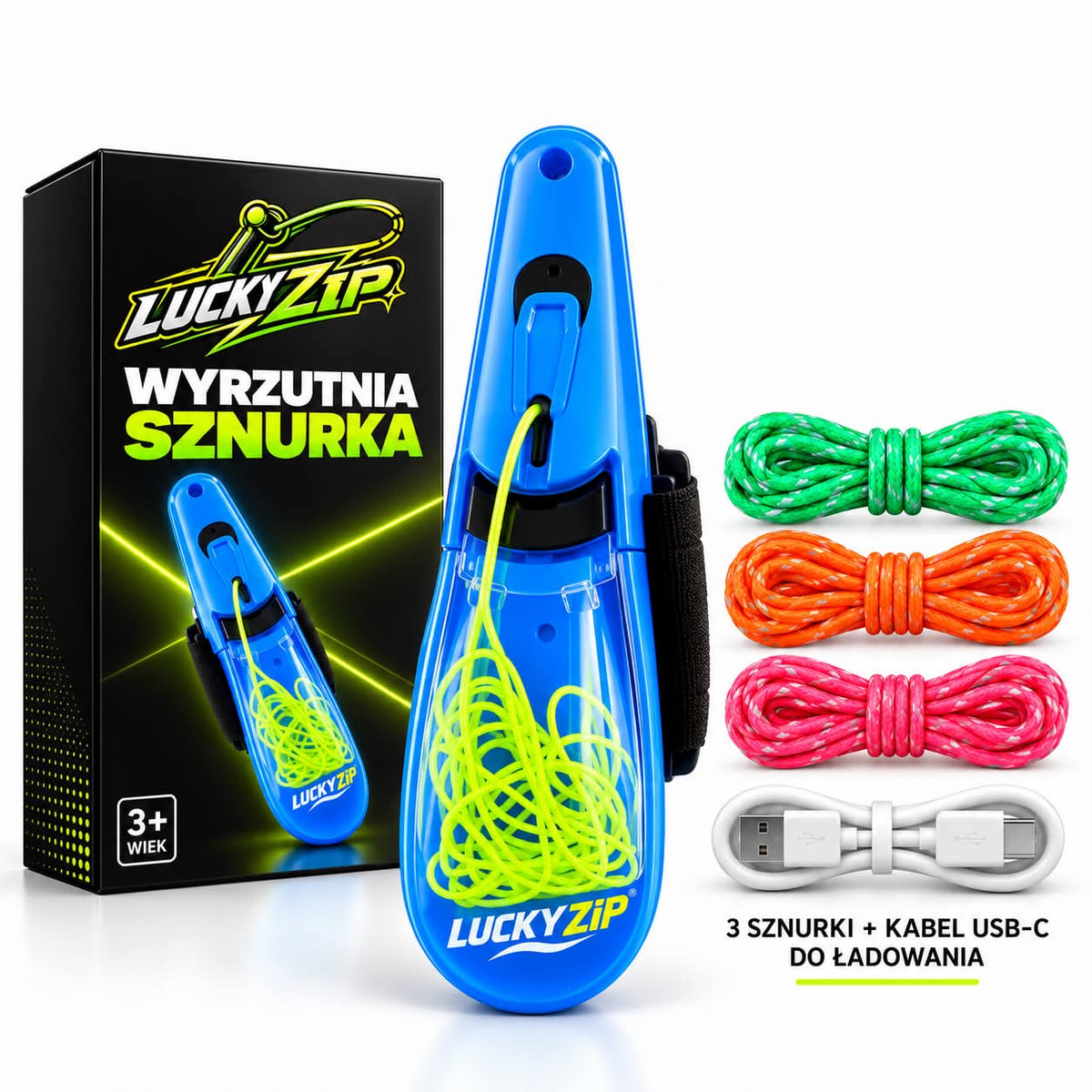 LuckyZip Pro — wyrzutnia sznurka, w zestawie 3 sznurki i kabel USB-C