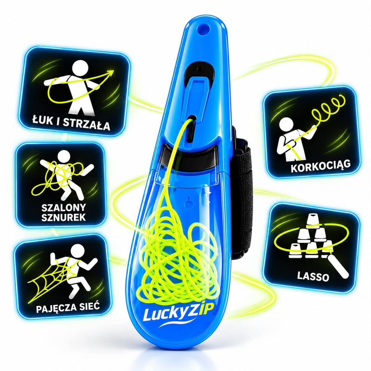 LuckyZip Pro — triki: łuk i strzała, szalony sznurek, pajęcza sieć, korkociąg, lasso