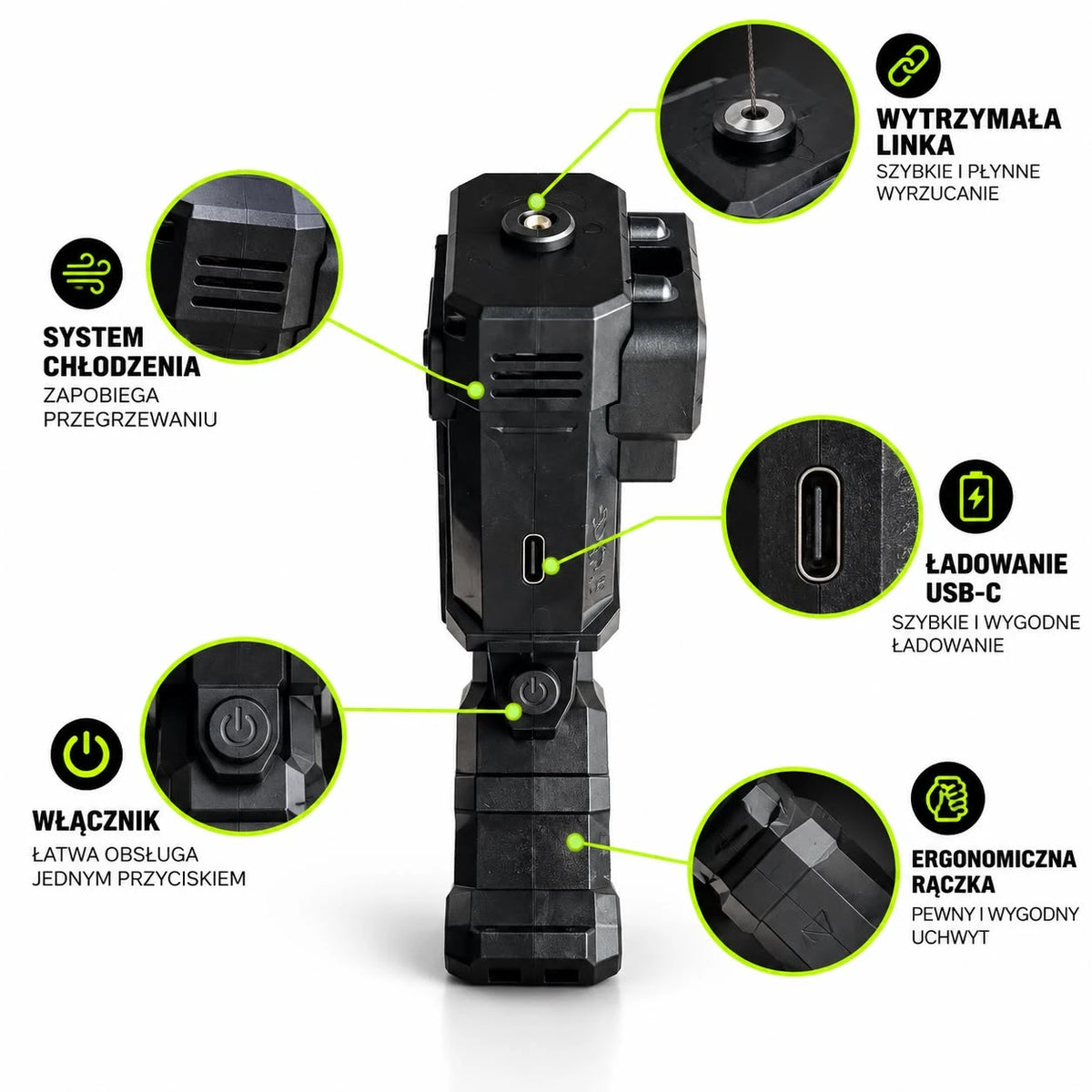 LuckyZip Blaster czarny — wytrzymała linka, system chłodzenia, ładowanie USB-C, włącznik, ergonomiczna rączka